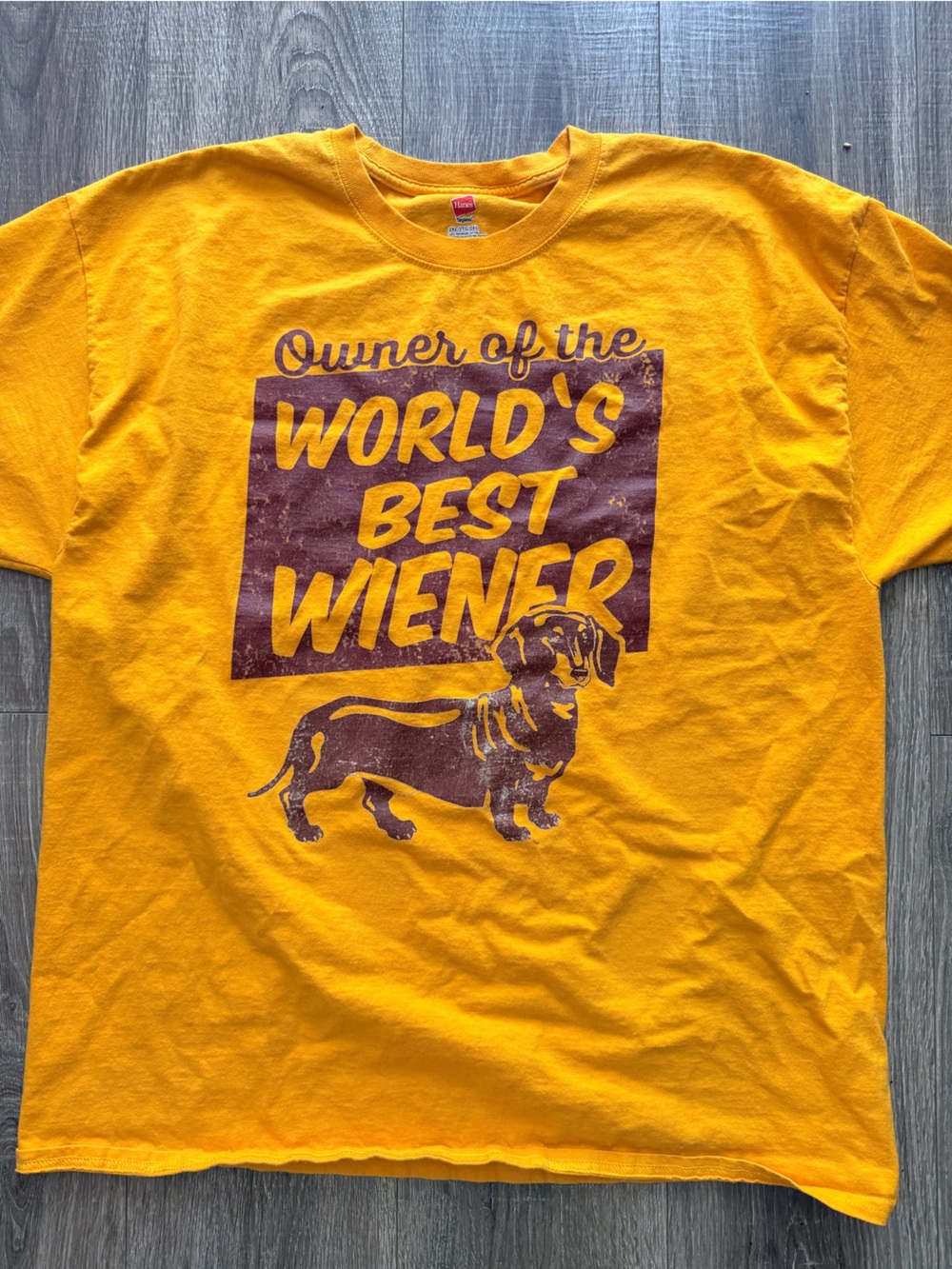 Golden Yellow Graphic Tee with Maroon Print..World’s Best Weiner